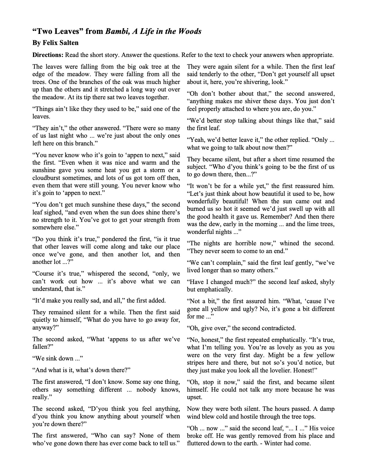 Short Stories With Questions | Ereading Worksheets in Free Printable Short Stories For High School Students