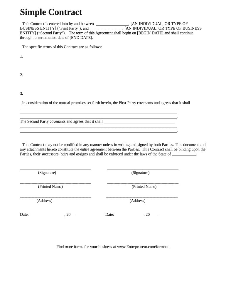Simple Contract Business Agreement Sample - Fill Online, Printable regarding Free Printable Contracts