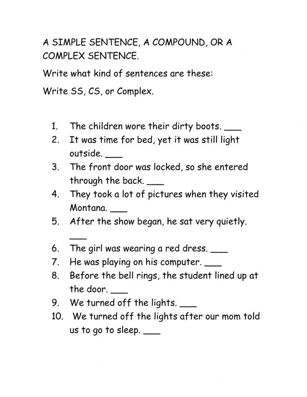 Simple Sentences, Compound Sentence And Complex Worksheet | Live intended for Free Printable Worksheets on Simple Compound and Complex Sentences