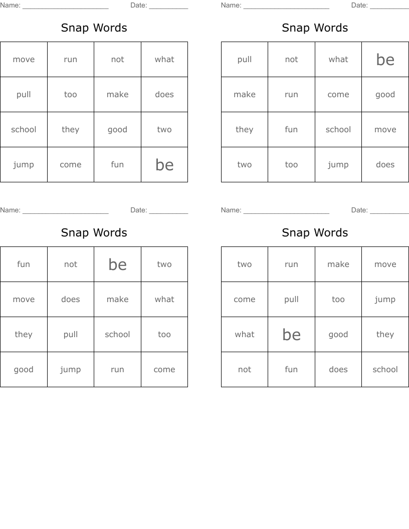 Snap Words Bingo Cards - Wordmint with Free Printable Snapwords