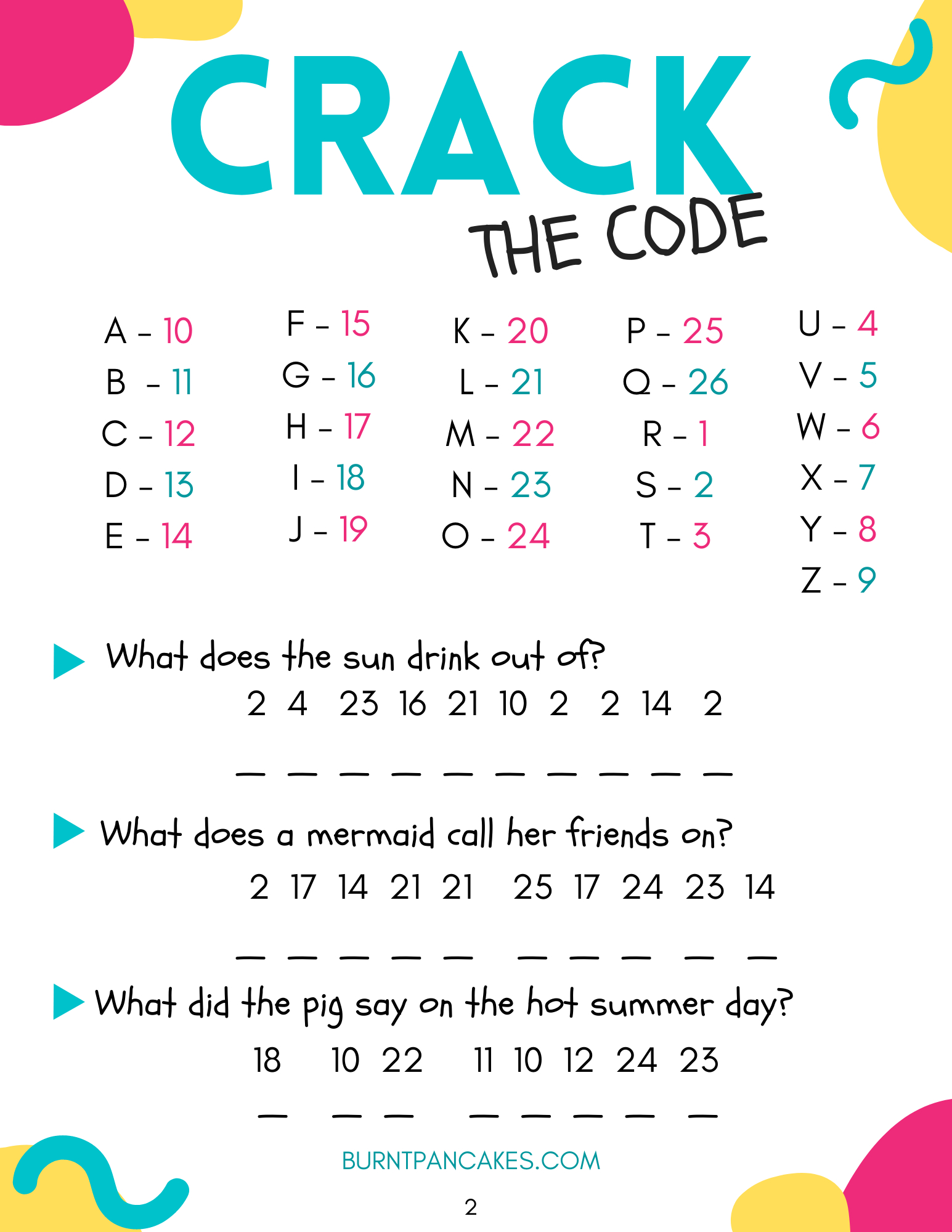 Summer Jokes - Crack The Code Printable - Burnt Pancakes inside Crack The Code Worksheets Printable Free