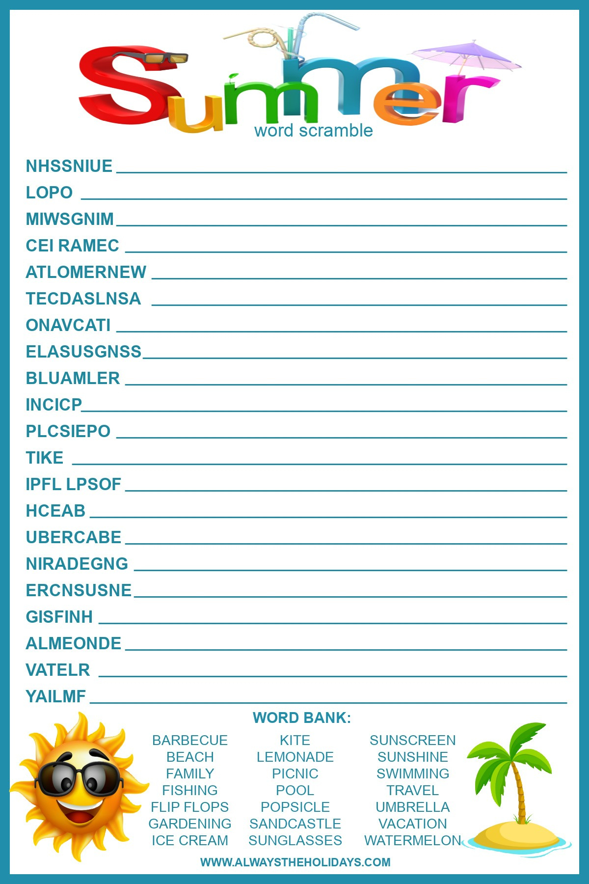 Summer Word Scramble With Answers - Free Printable For Kids pertaining to Unscramble Word Games Printable Free