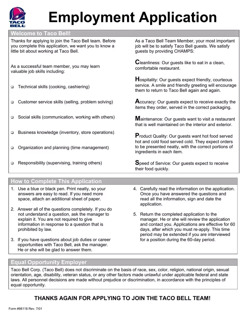 Taco Bell Job Application ≡ Fill Out Printable Pdf Forms Online inside Free Printable Taco Bell Application