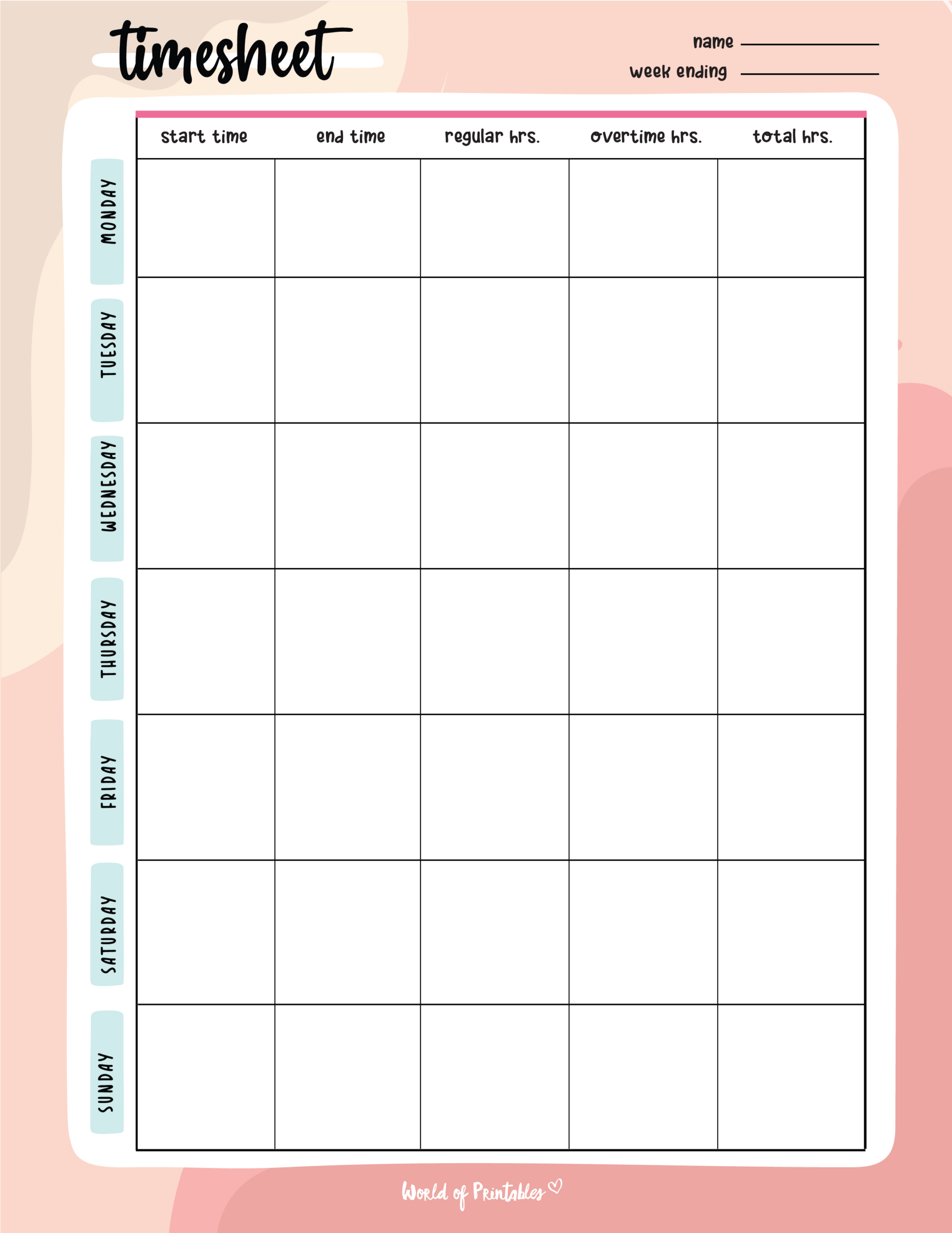 Timesheet Templates - World Of Printables with regard to Free Printable Weekly Time Sheets