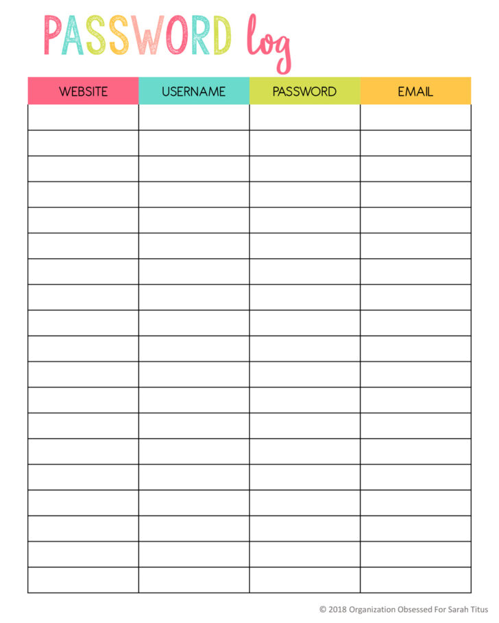 Free Printable Password Organizer