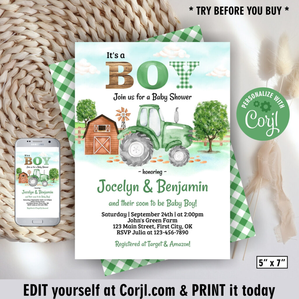 Tractor / Baby / Shower / Invitation / Green / Editable / It&<h2>039;S A Intended For Free Printable John Deere Baby Shower Invitations