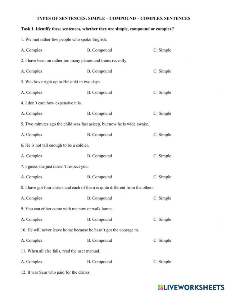 Free Printable Worksheets on Simple Compound and Complex Sentences