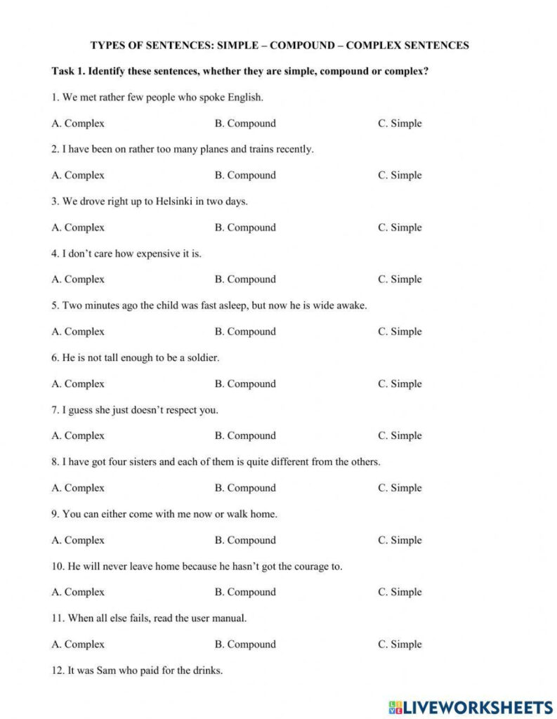 Types Of Sentences Simple Compound And Complex Worksheet Pertaining To Free Printable Worksheets On Simple Compound And Complex Sentences Types Of Sentences Simple Compound And Complex Worksheet Pertaining To Free Printable Worksheets On Simple Compound And Complex Sentences