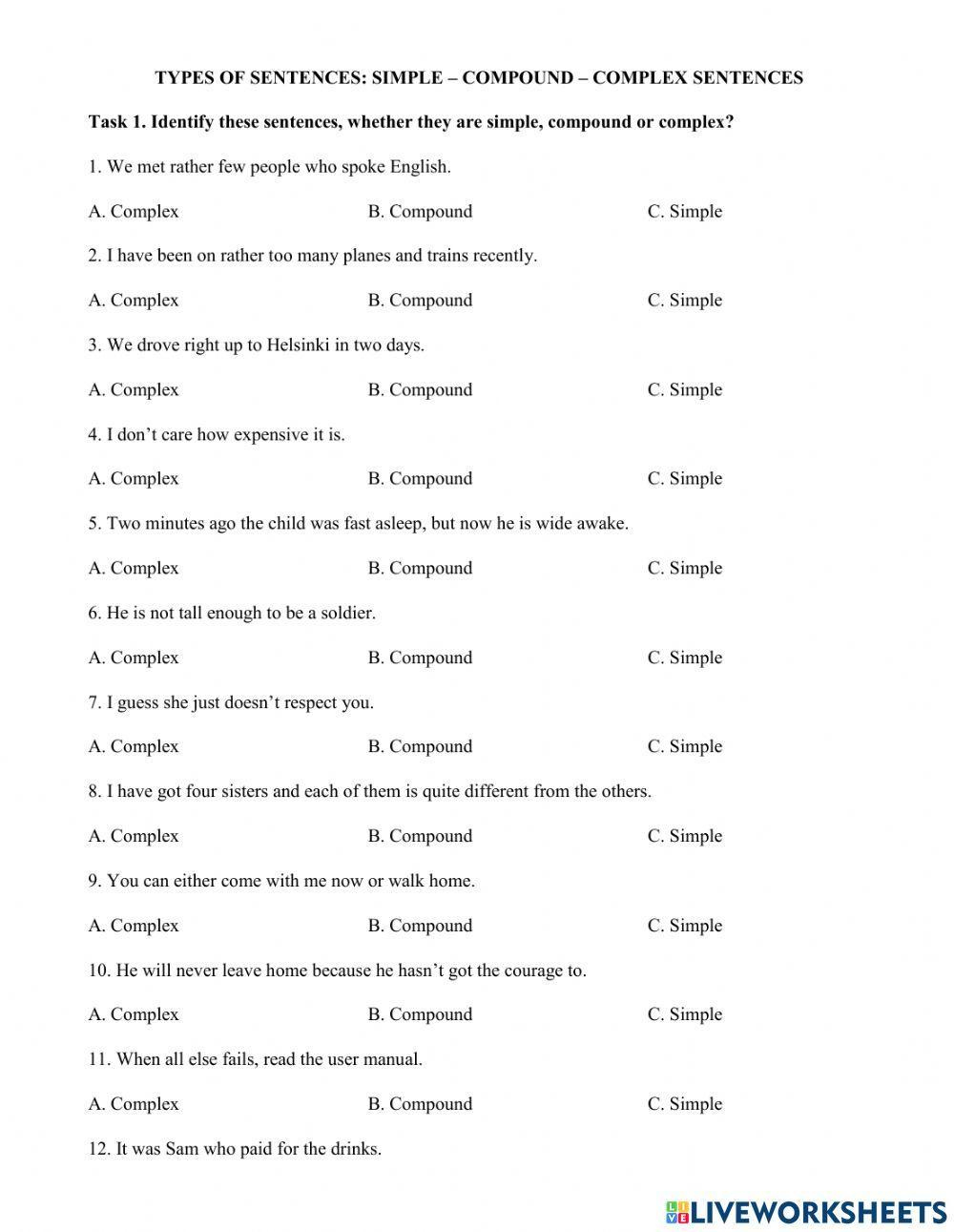 Types Of Sentences - Simple - Compound And Complex Worksheet pertaining to Free Printable Worksheets On Simple Compound And Complex Sentences