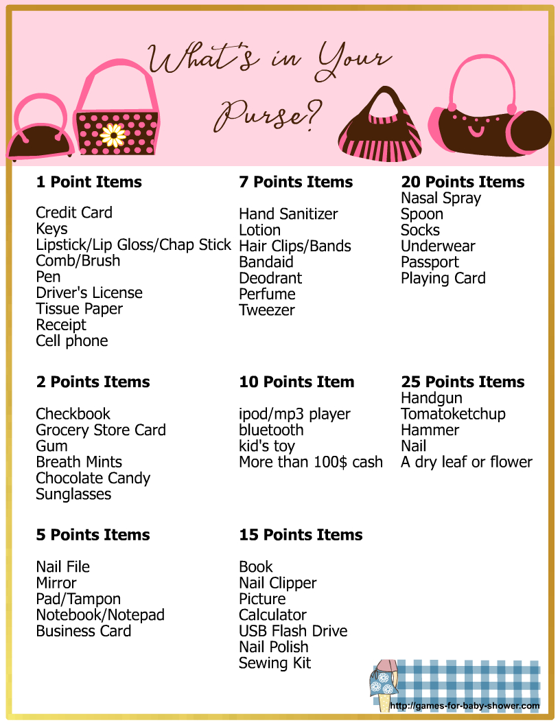 What&amp;#039;S In Your Purse, Free Printable Baby Shower Game inside Free Printable Baby Shower Games What&amp;amp;#039;s in Your Purse